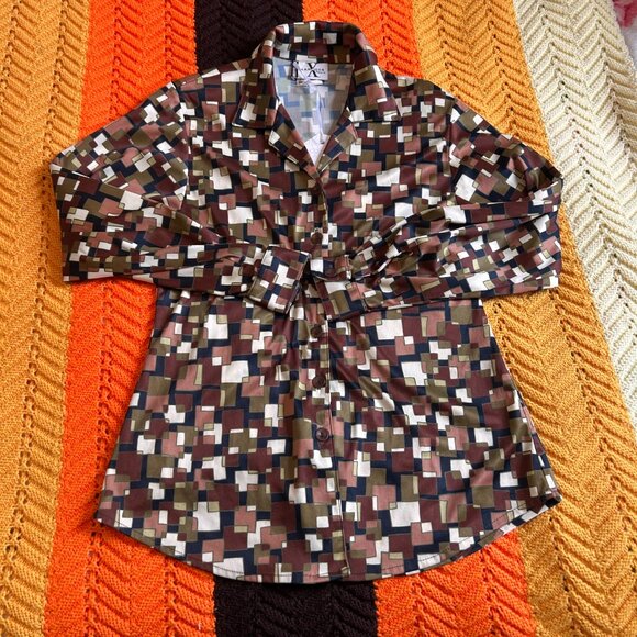 Late 1970s Geometric satin brown green square print button up from XXX manager - Picture 11 of 15